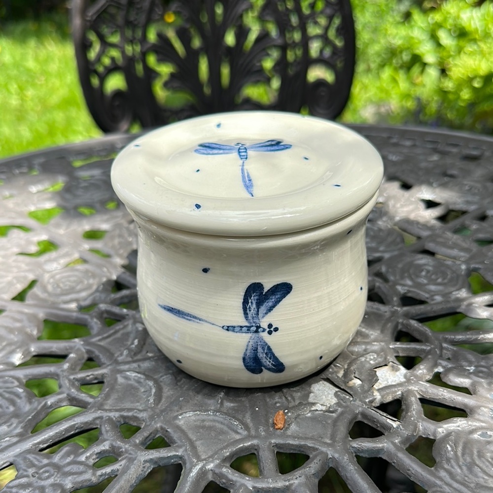 Studio Art Butter Keeper with Blue Dragonfly Design- signed McNeil